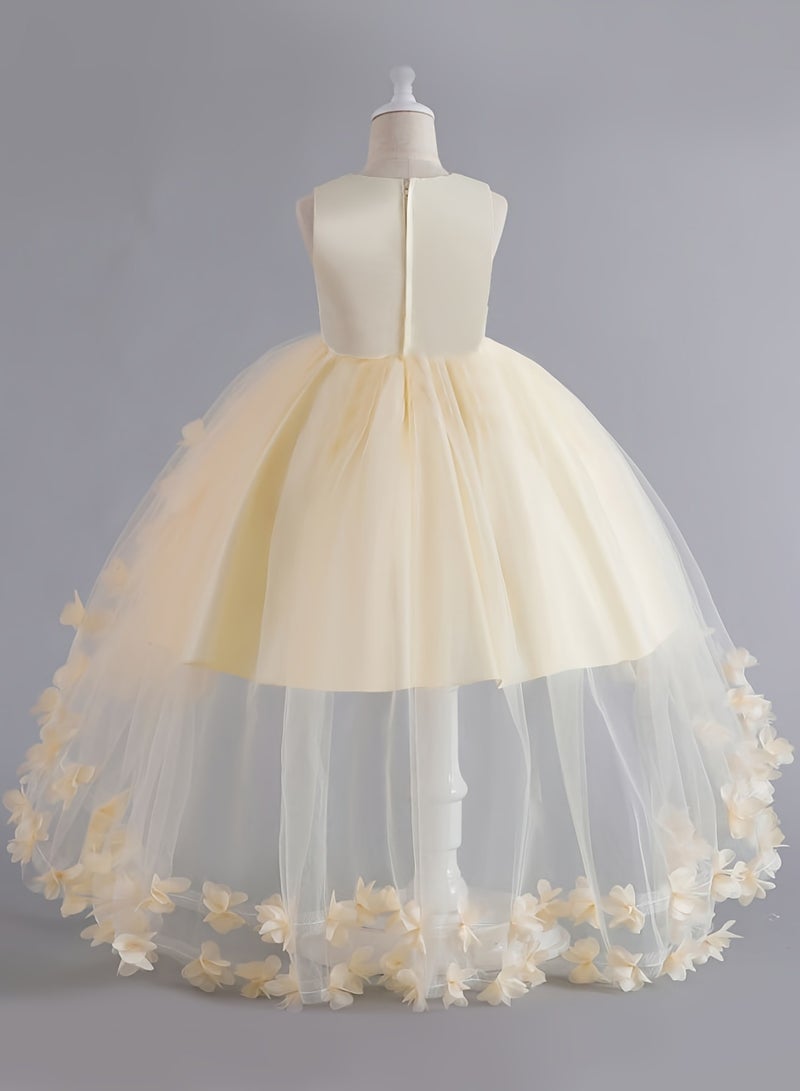 AROAQ Beads And Appliques Design Girls Formal Dress With Trailing, Fluffy Princess Dress Perfect For Banquets Performances (Off White) - Image 2