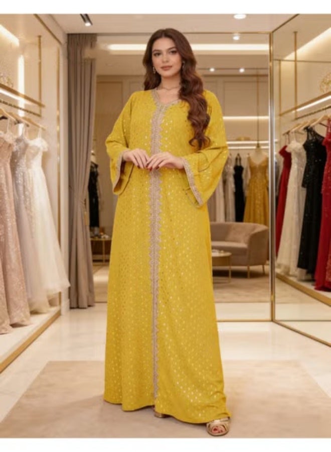 فستان نسائي مسلم أنيق بأكمام طويلة، روباً عربياً إسلامياً كاجوال، عباية كافتان لرمضان والمناسبات، فستان سهرات للمناسبات الرسمية والأعراس، ملابس موضة مطبوعة - Image 4