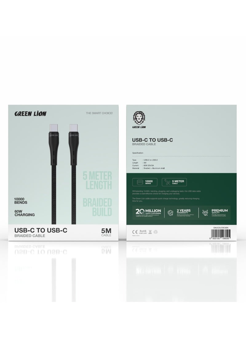 GREEN LION - USB-C to USB-C Braided Cable 5 Meter 60W with Tangle-Free Handling & 480 Mbps Transfer Speed / Charge & Sync / Secure & Safe / Wide Compatible - Black - Image 1