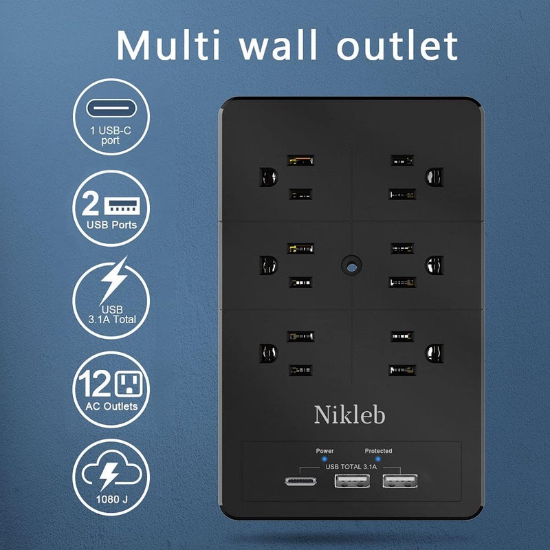Nikleb Multi Plug Outlet Extender , Surge Protector 12 Outlets, Wall Plug with 2 USB+ USB C Ports Total 3.1A, Charger Blocks Wall Mount, Outlet Splitter Heavy Duty for Home, Office, Garage Improvement - Image 2