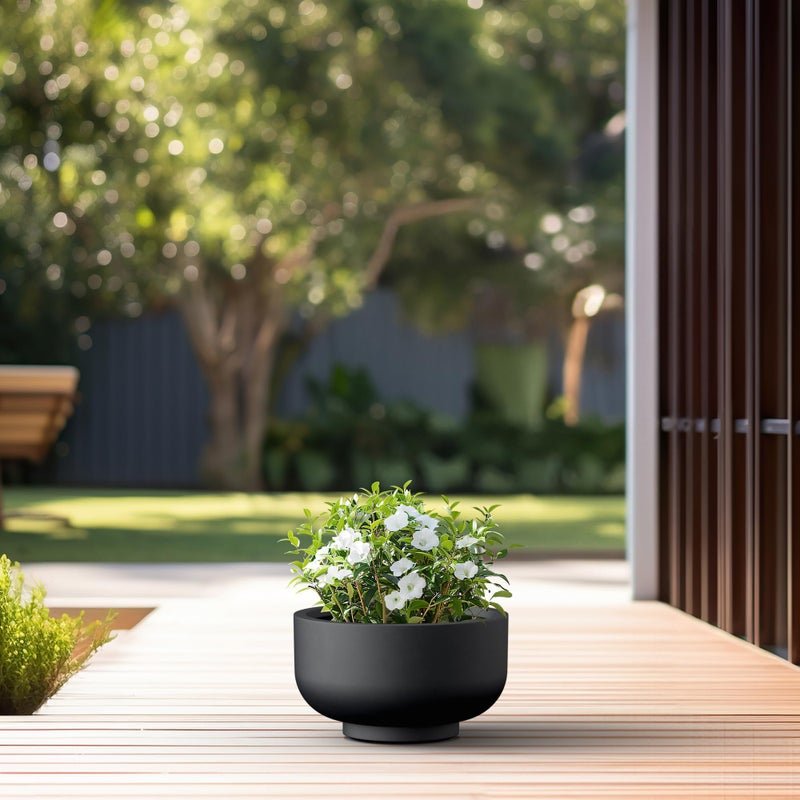 Kante 13.8 Inch Dia Concrete Bowl Planter, Large Tapered Bottom Plant Pot with Drainage, Smooth Black Finish with Painted Interior, Ideal for Porch, Home, Garden, Patio - Image 5