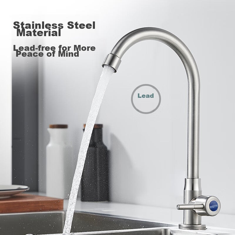 BSITN Kitchen Faucet, Single Cold Healthy Stainless Steel Sink Basin Faucet, 360° Rotating B6039 - Image 2