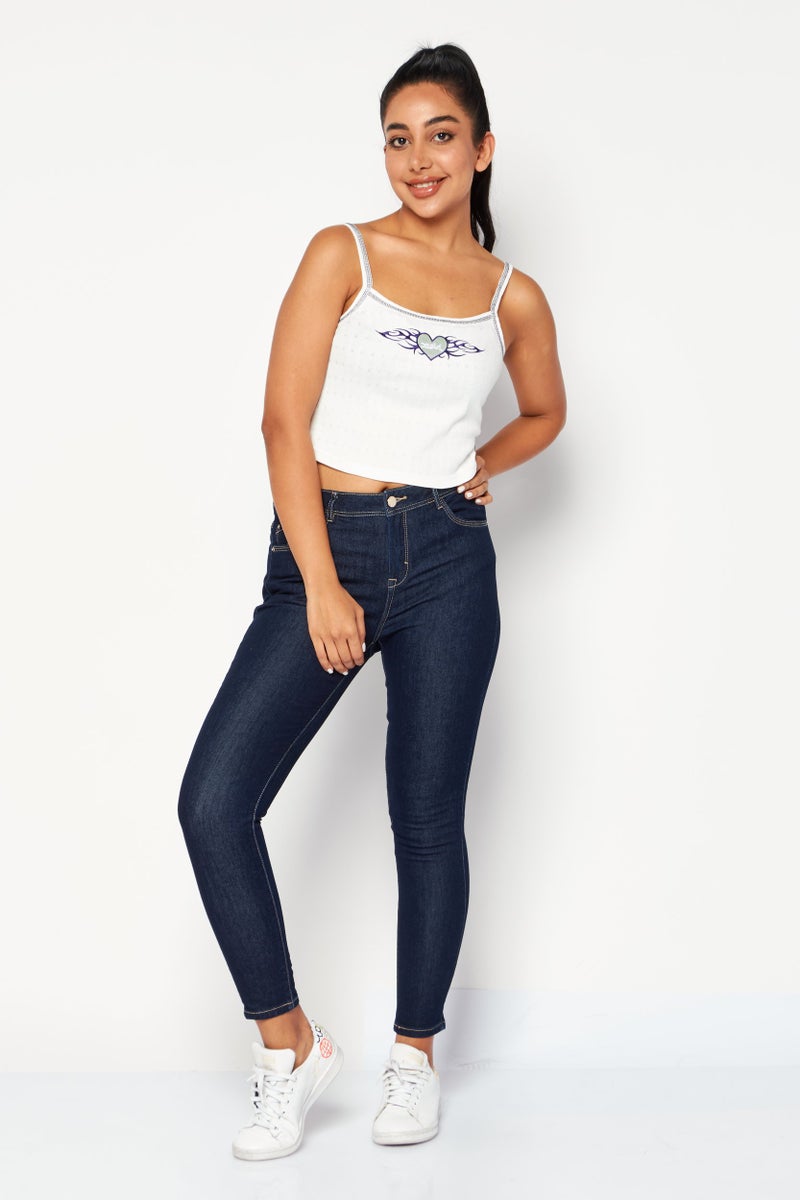 Women Round Neck Sleeveless Embroidered Tank Top, White