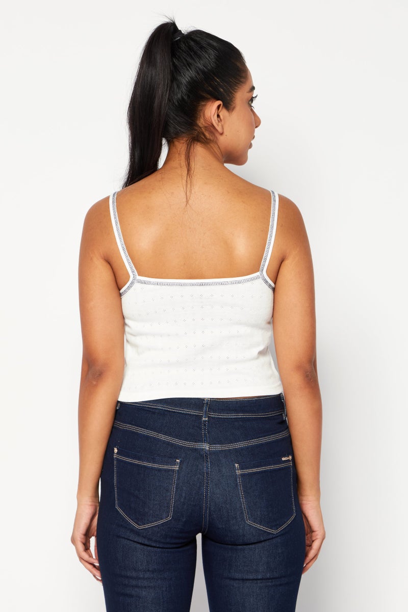 Women Round Neck Sleeveless Embroidered Tank Top, White
