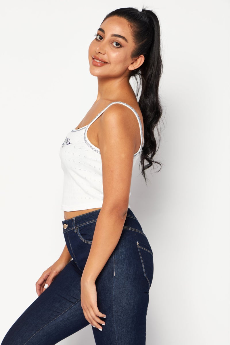Women Round Neck Sleeveless Embroidered Tank Top, White