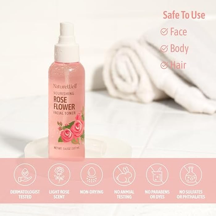 NATURE WELL Rose Water Hydrating Facial Toner Mist for Dewy & Radiant Skin, Refreshing, Conditioning, Soothing, Moisturizing, Perfect for Travel, 4 Fl Oz - Image 5