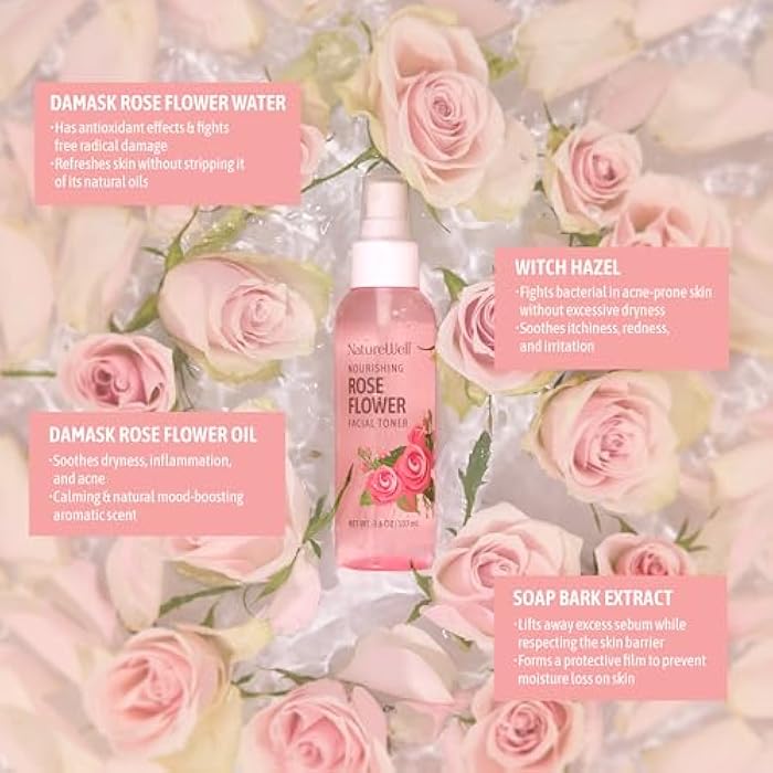 NATURE WELL Rose Water Hydrating Facial Toner Mist for Dewy & Radiant Skin, Refreshing, Conditioning, Soothing, Moisturizing, Perfect for Travel, 4 Fl Oz - Image 3