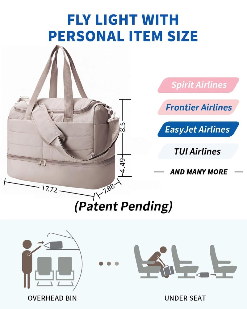 WANDF For Spirit Airlines Personal Item Bag 18x14x8, Lightweight Puffer Travel Duffle Bag for Women with Shoe Compartment & TSA Toiletry Bag Gym Hospital Carry-On Weekender Overnight (Khaki) - Image 3
