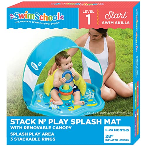 SwimSchool Baby Splash Play Mat with Adjustable Canopy Inflatable Play Pool for Babies Infants with Backrest Includes Baby Water Toy Rings Seafoam Blue Lemon - Image 1