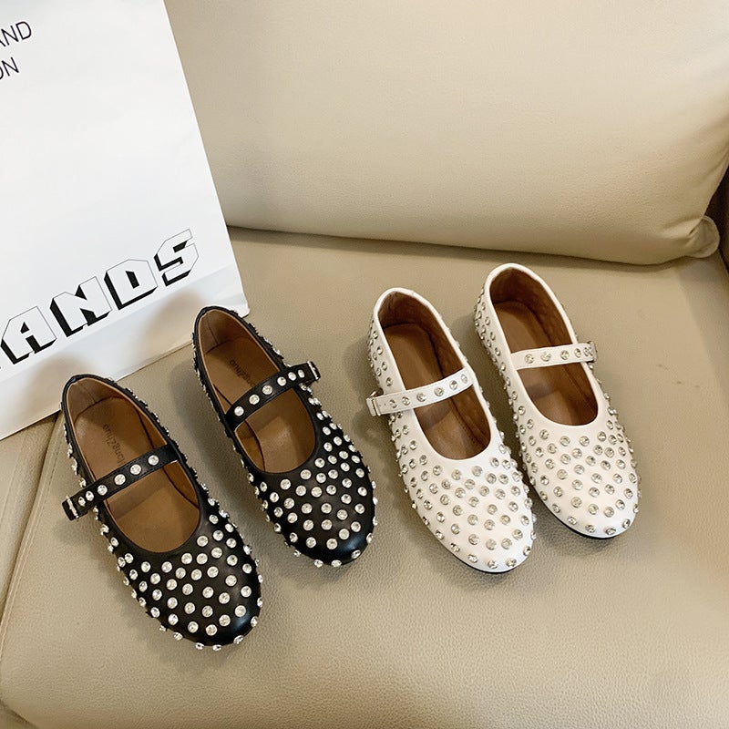 Plus Size Round Head Rhinestone Rivet Mary Jane Sandals Shoes Women'S Flat Comfortable Ballet Shoes Leather Shoes - Image 2