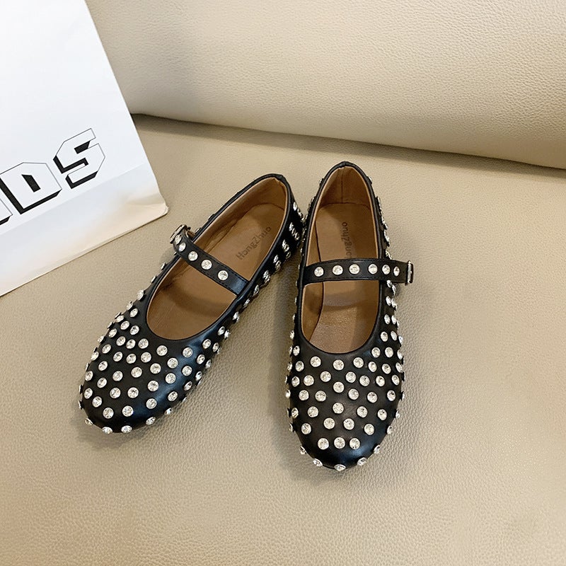 Plus Size Round Head Rhinestone Rivet Mary Jane Sandals Shoes Women'S Flat Comfortable Ballet Shoes Leather Shoes - Image 5