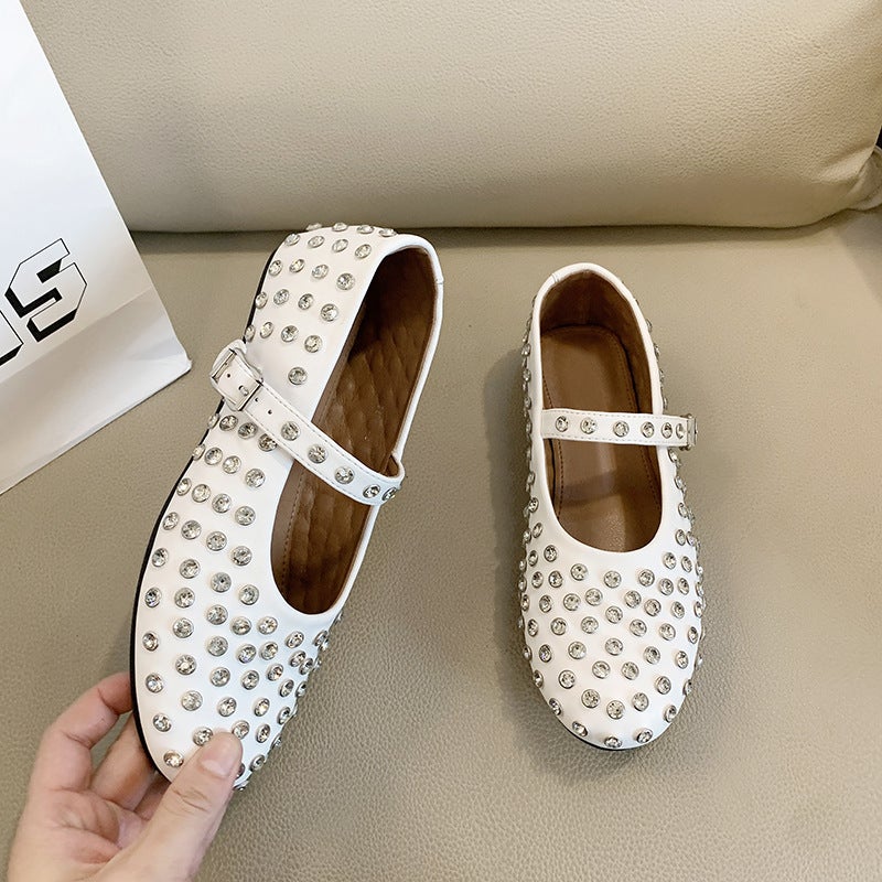 Plus Size Round Head Rhinestone Rivet Mary Jane Sandals Shoes Women'S Flat Comfortable Ballet Shoes Leather Shoes - Image 4