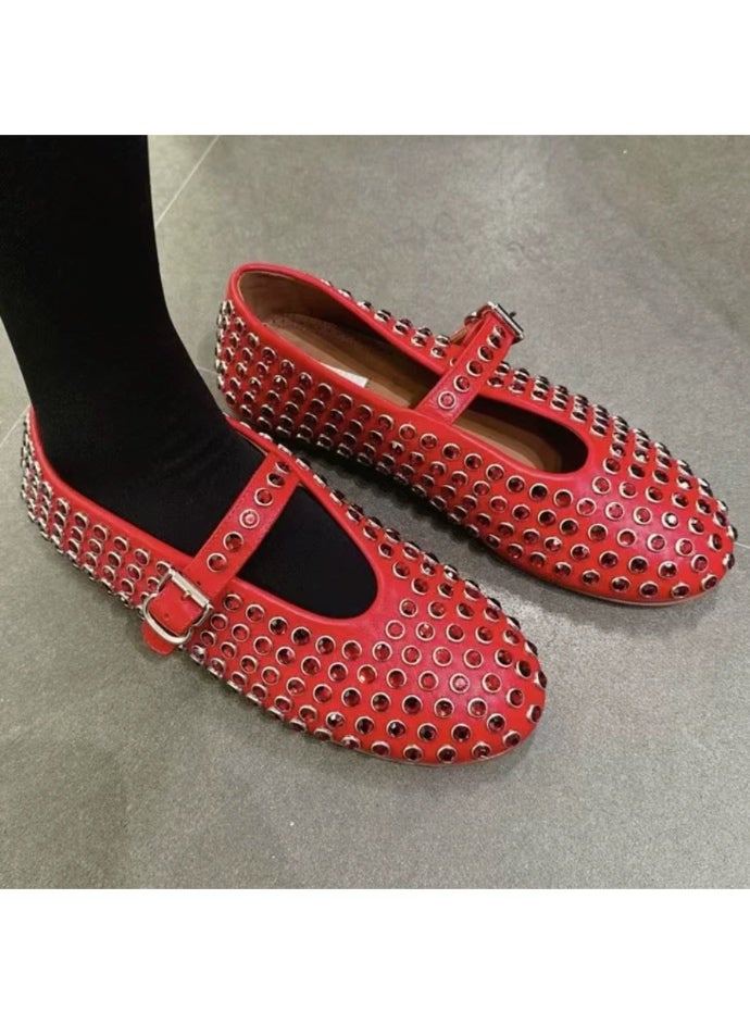 Plus Size Round Head Rhinestone Rivet Mary Jane Sandals Shoes Women'S Flat Comfortable Ballet Shoes Leather Shoes - Image 3