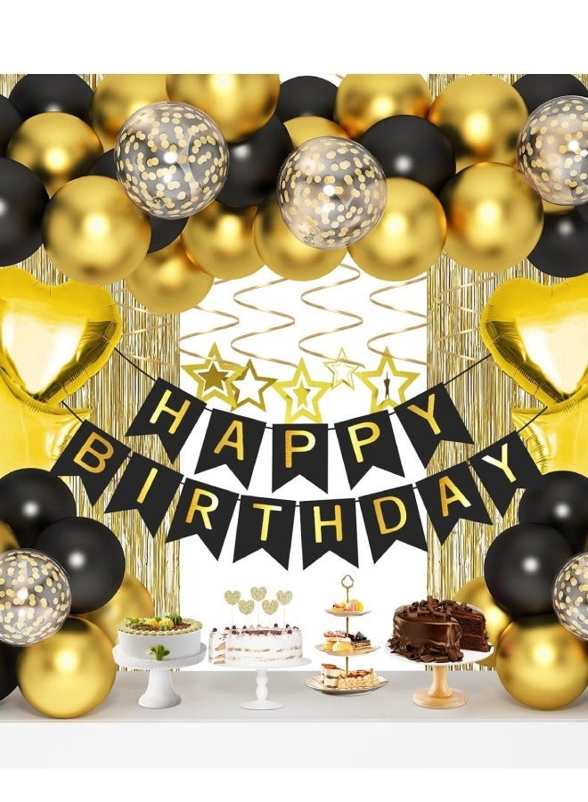 Black Gold Birthday Party Decorations, 64Pcs Party Decorations Set with Happy Birthday Banner, 12-inch Confetti Balloons, 12-inch Metallic Black Gold Balloons, Heart Star Shape Balloons, Gold Fringe Curtain and Hanging Swirls, Ribbon, Glue Points and Cake Toppers for Girls, Women, Men, Kids