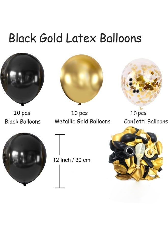 Farahom Black Gold Birthday Party Decorations, 64Pcs Party Decorations Set with Happy Birthday Banner, 12-inch Confetti Balloons, 12-inch Metallic Black Gold Balloons, Heart Star Shape Balloons, Gold Fringe Curtain and Hanging Swirls, Ribbon, Glue Points and Cake Toppers for Girls, Women, Men, Kids - Image 3