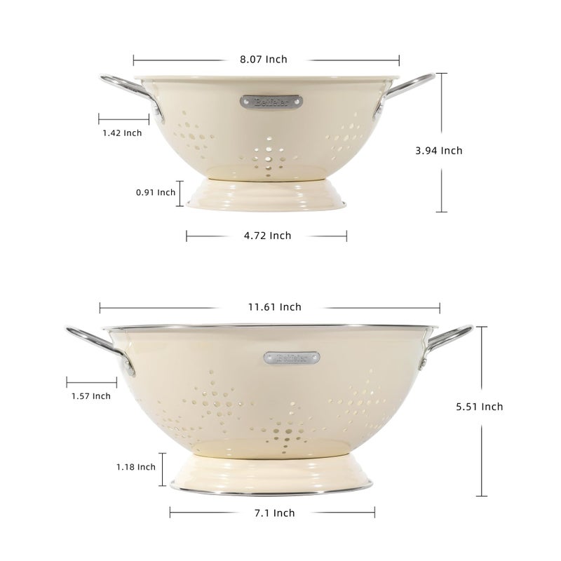 BeFare Metal Colander 2 Pack, Strainer Bowel with Handles 2Qt & 6Qt Powder Coated Solid Ring Base Heavey Duty Kitchen Drainer Basket for Pasta Veggies and Fruits,New Home Apartment Essentials (Almond Cream) - Image 2