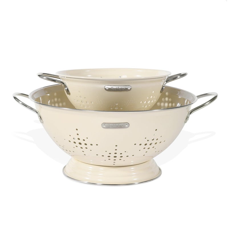 BeFare Metal Colander 2 Pack, Strainer Bowel with Handles 2Qt & 6Qt Powder Coated Solid Ring Base Heavey Duty Kitchen Drainer Basket for Pasta Veggies and Fruits,New Home Apartment Essentials (Almond Cream) - Image 1