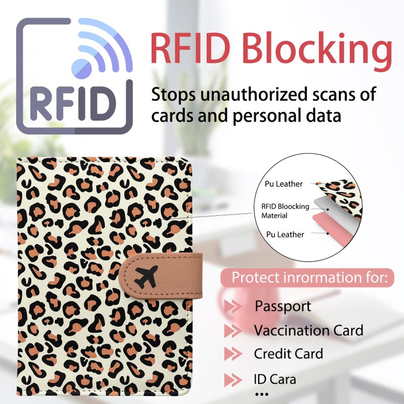 LumeTrav Passport Holder, Travel Wallet Cover with Pen Loop | Cute RFID Blocking Leather Case with Magnetic Closure for Travel Essentials-Leopard - Image 3