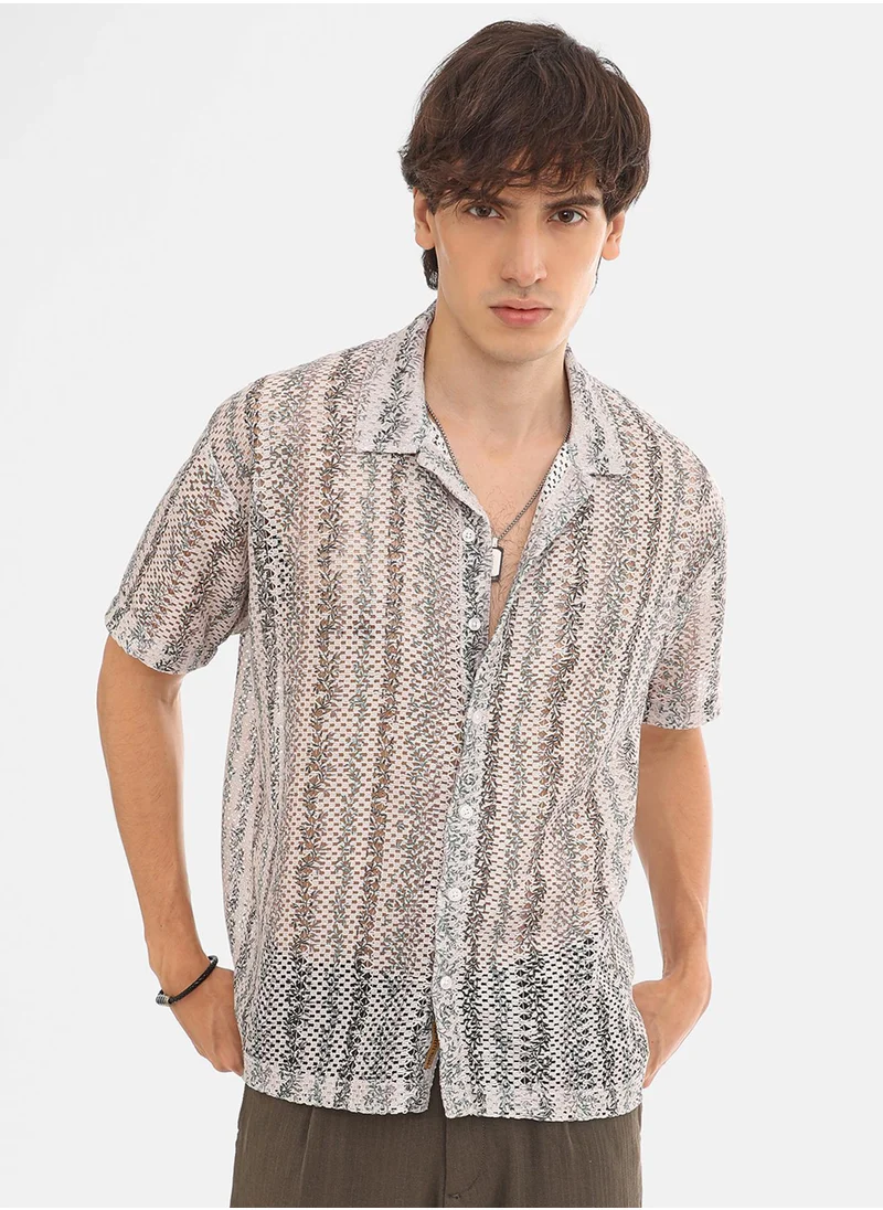 كامبوس سوترا Men's Saltbox Beige Ditsy Foliage Oversized Shirt