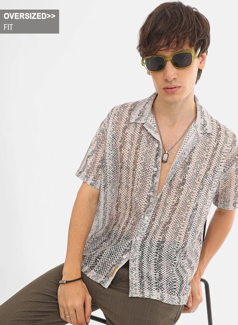 Campus Sutra Men's Saltbox Beige Ditsy Foliage Oversized Shirt