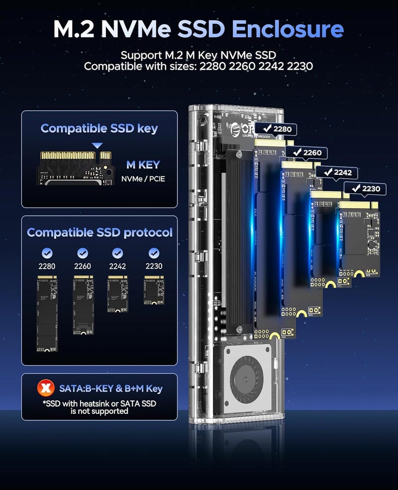 Orico حاوية SSD M.2 NVMe بسرعة 40Gbps مع مروحة تبريد مدمجة، حاوية قرص صلب خارجية بدون أدوات، تدعم 2230 2242 2260 2280 (مفتاح M)، متوافقة مع Thunderbolt 3/4 USB4/3.2/3.1/3.0/2.0-TCM2U4 - Image 5