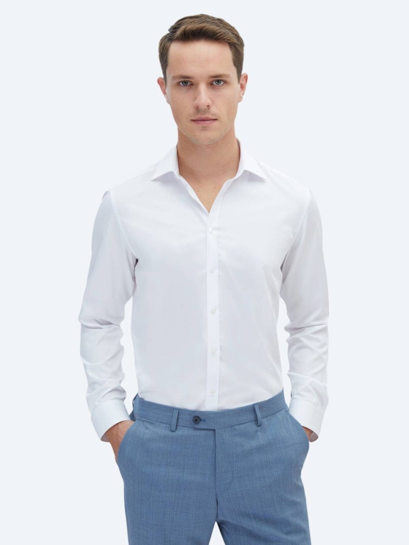 Kip White Plain Slim Fit Long Weaving Classical 100% Cotton Shirt - Image 1