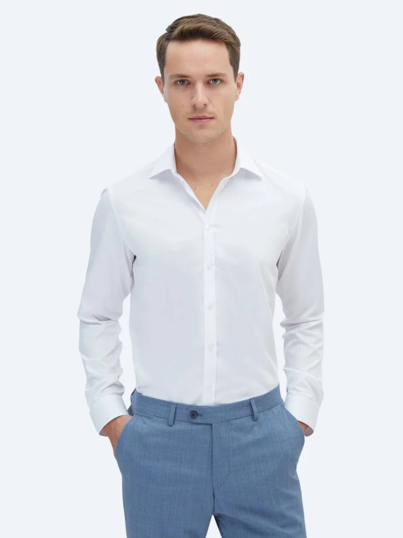 Kip White Plain Slim Fit Long Weaving Classical 100% Cotton Shirt