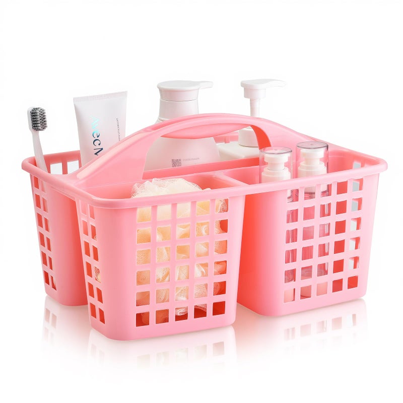 Haundry Plastic Shower Caddy Basket with 3 Compartments Portable Divided Cleaning Supply Storage Organizer with Handle Pink