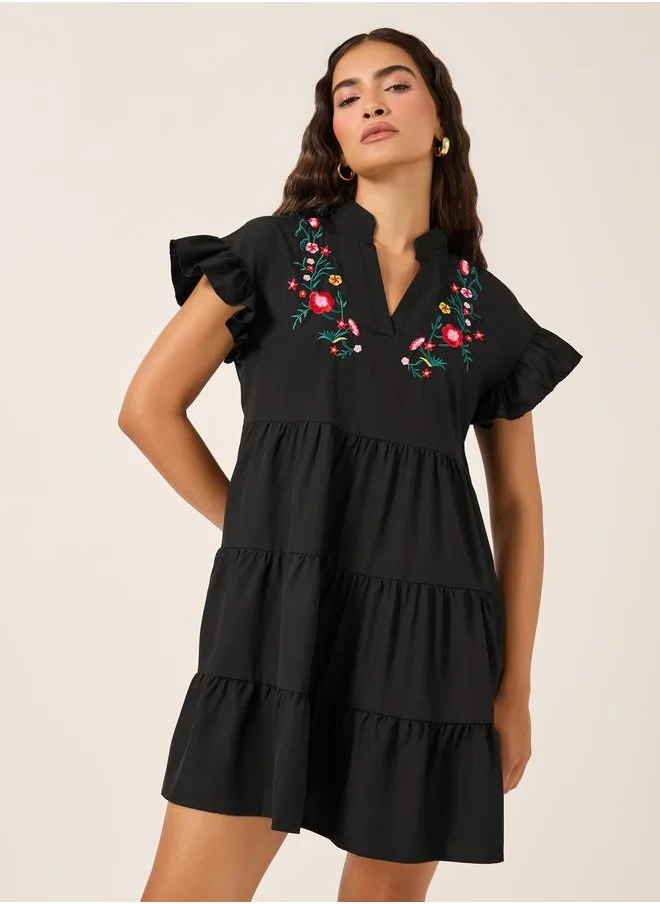 Take Two Take Two Embroidered Ruffled Sleeve Tiered Mini Dress