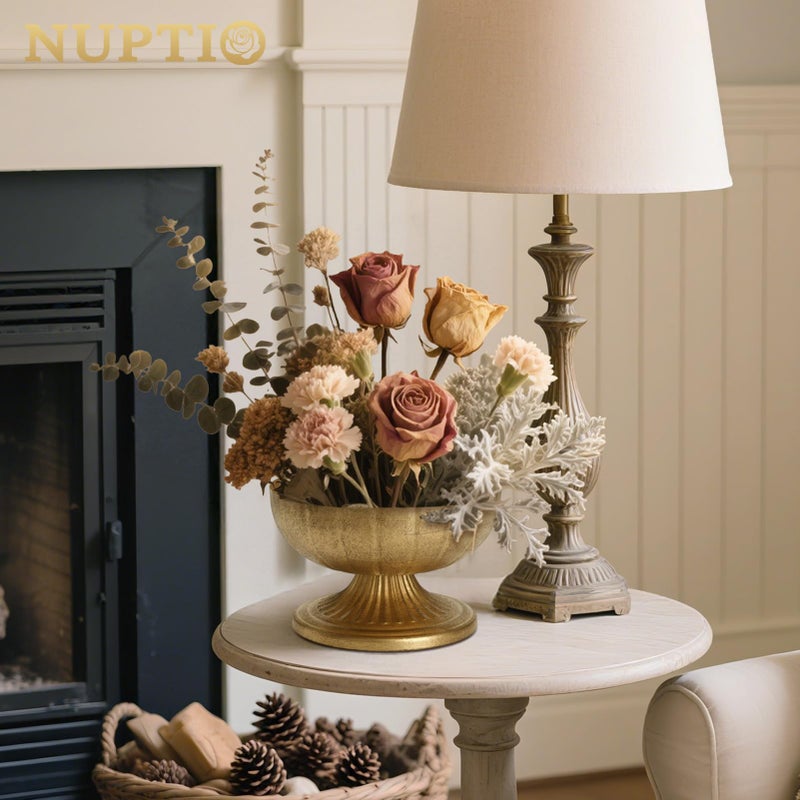 NUPTIO Gold Compote Vase for Centerpiece: 8.5" Wide Short Pedestal Footed Bowl for Flowers - Distressed Brass Urn for Decorative Wedding Table Set of 2 - Image 2