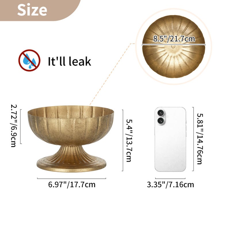 NUPTIO Gold Compote Vase for Centerpiece: 8.5" Wide Short Pedestal Footed Bowl for Flowers - Distressed Brass Urn for Decorative Wedding Table Set of 2 - Image 3