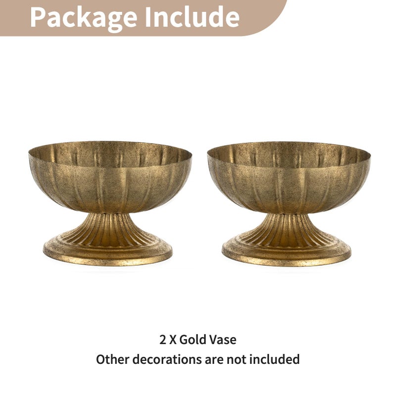 NUPTIO Gold Compote Vase for Centerpiece: 8.5" Wide Short Pedestal Footed Bowl for Flowers - Distressed Brass Urn for Decorative Wedding Table Set of 2 - Image 5