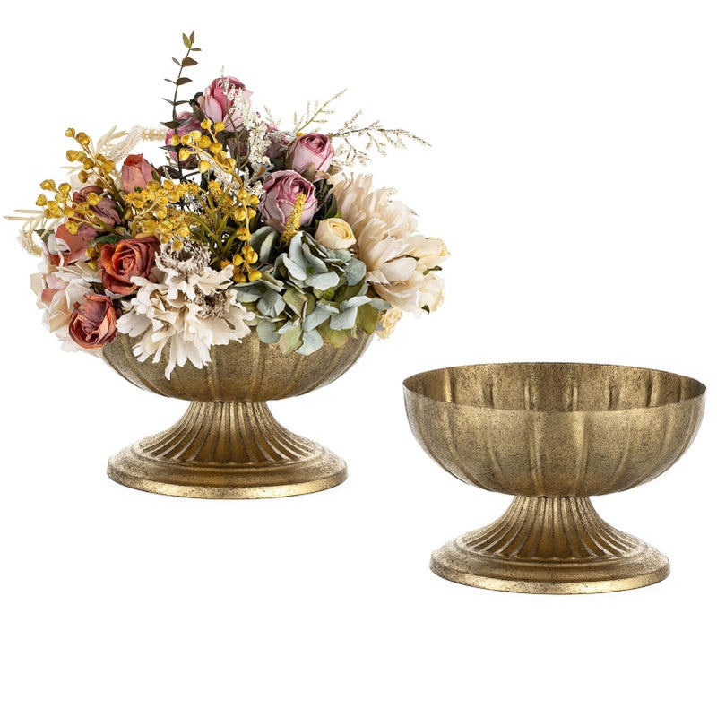 NUPTIO Gold Compote Vase for Centerpiece: 8.5" Wide Short Pedestal Footed Bowl for Flowers - Distressed Brass Urn for Decorative Wedding Table Set of 2 - Image 1