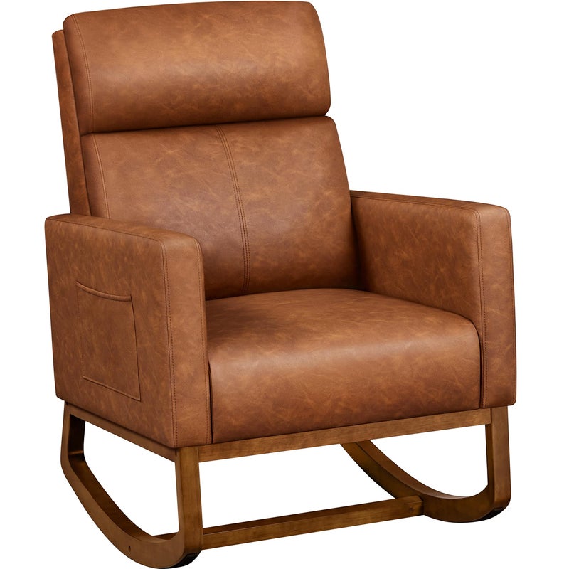 Yaheetech Leather Living Room Chair Rocking Accent Chair Modern Nursery Glider Chair with High Back and Side Pocket Accent Rocker Armchair with Wood Legs for Living Room Bedroom Study Brown
