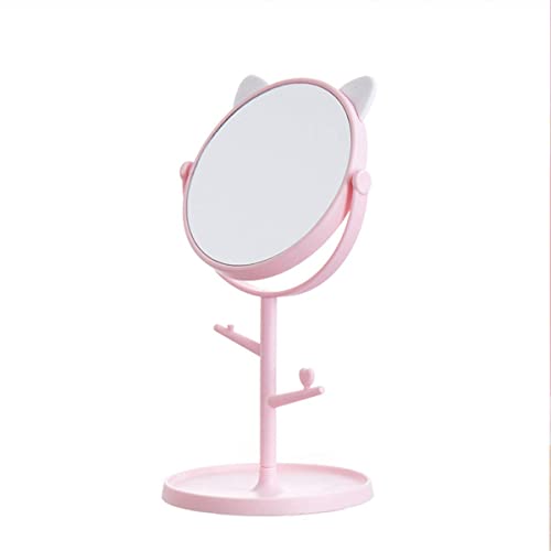 Agabani Glass Round Makeup Cosmetic Mirror Cute Cat Ears Shape Makeup Mirror For Bathroom Or Bedroom With 180 Degree Swivel (Pink 379, Framed, Tabletop Mount) - Image 1