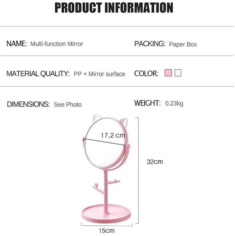 Agabani Glass Round Makeup Cosmetic Mirror Cute Cat Ears Shape Makeup Mirror For Bathroom Or Bedroom With 180 Degree Swivel (Pink 379, Framed, Tabletop Mount) - Image 3
