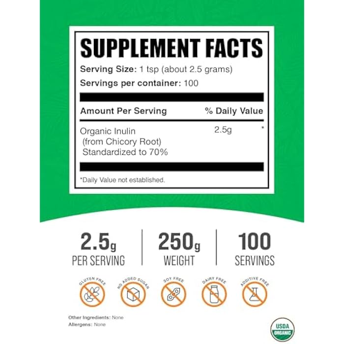 BulkSupplements.com Organic Inulin Powder - Inulin Supplement, Soluble Fiber Powder - Vegan & Gluten Free - 2.5g Serving, 250g (8.8 oz) (Pack of 1) - Image 2