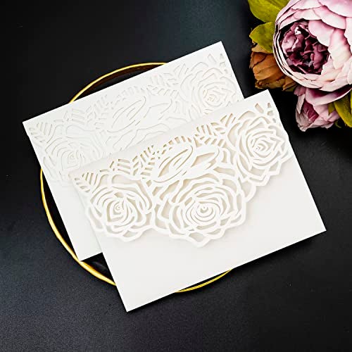 Builcker Laser Cutting Invitation Card Greeting Card Graduation Party Rose Flower Wedding Birthday Party Invitations Invitation Pocket With Envelope (White) - Image 2