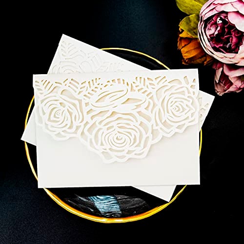 Builcker Laser Cutting Invitation Card Greeting Card Graduation Party Rose Flower Wedding Birthday Party Invitations Invitation Pocket With Envelope (White) - Image 1