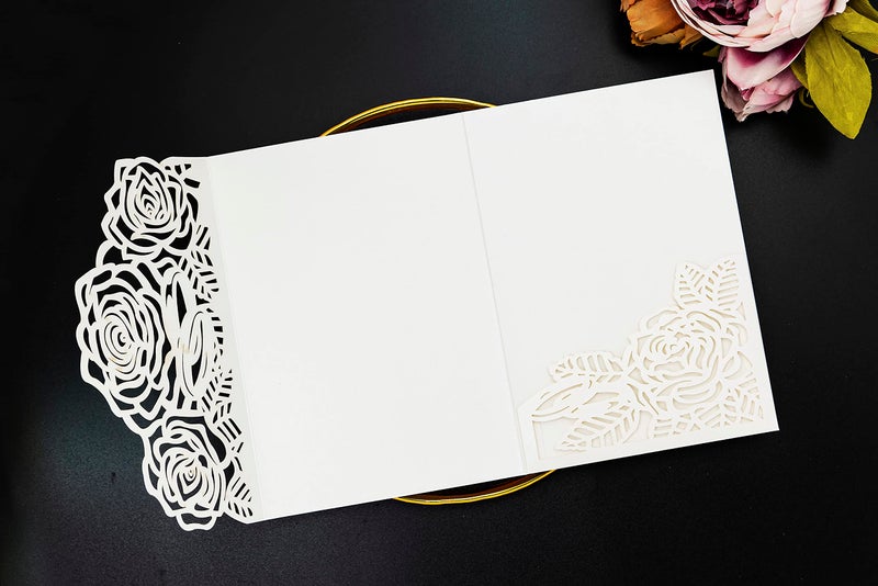 Builcker Laser Cutting Invitation Card Greeting Card Graduation Party Rose Flower Wedding Birthday Party Invitations Invitation Pocket With Envelope (White) - Image 4