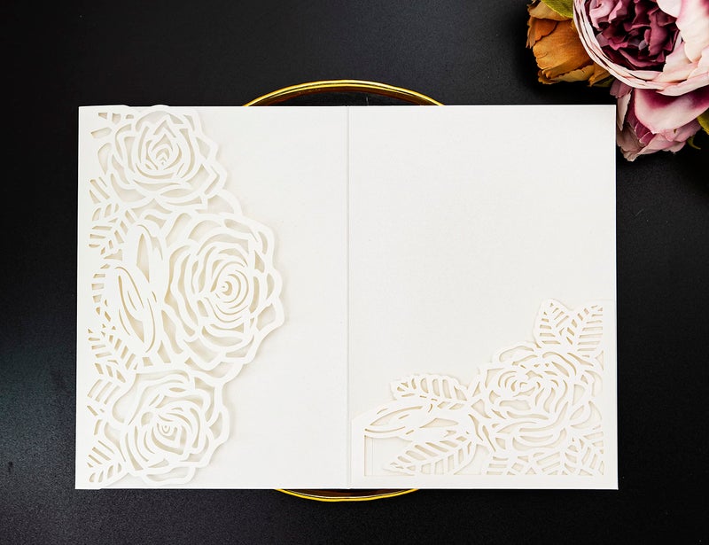 Builcker Laser Cutting Invitation Card Greeting Card Graduation Party Rose Flower Wedding Birthday Party Invitations Invitation Pocket With Envelope (White) - Image 3