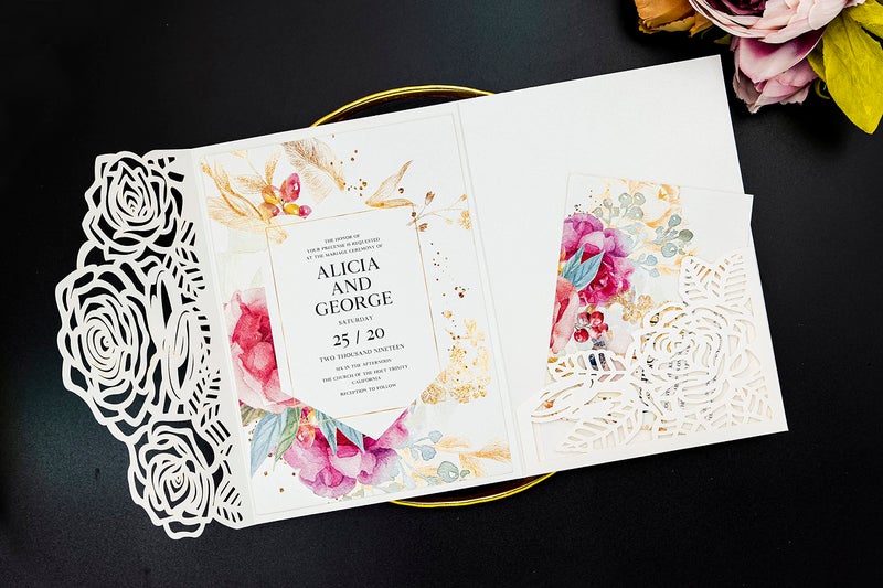 Builcker Laser Cutting Invitation Card Greeting Card Graduation Party Rose Flower Wedding Birthday Party Invitations Invitation Pocket With Envelope (White) - Image 5