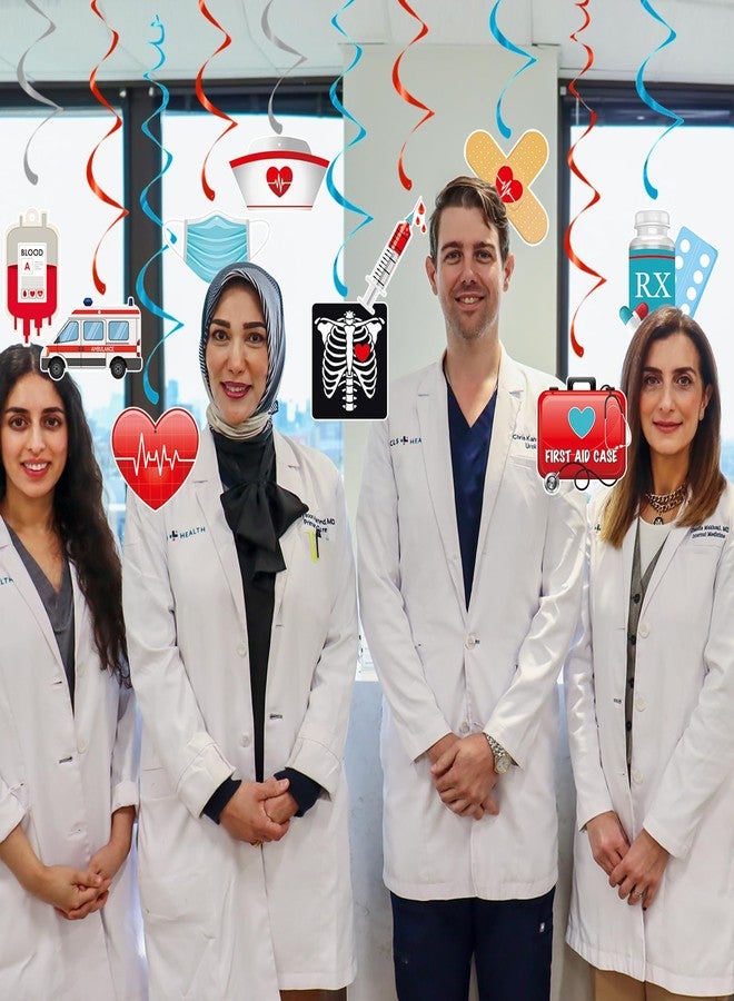 سيونام 24 قطعة من زينة دوامات التعليق الطبية، 20 زينة دوامية من رقائق الألومنيوم للسقف بطابع المستشفى مع سيارة إسعاف، ودواء، وحقنة، وقبعة ممرضة، وأيقونات إسعافات أولية، و4 دوامات مزدوجة لديكور تخرج الأطباء والممرضات - Image 5