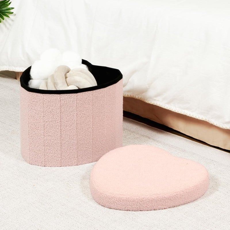 B FSOBEIIALEO Storage Ottoman Cube, Heart Shaped Ottomans with Storage Foot Stool Footrest for Lving Room, Boucle Ottoman Seat for Dorm Room,Faux Teddy Fur, Pink 15"x15"x15" - Image 2