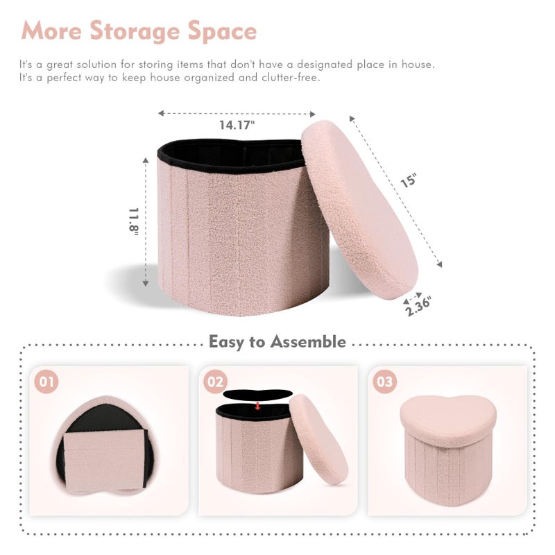 B FSOBEIIALEO Storage Ottoman Cube, Heart Shaped Ottomans with Storage Foot Stool Footrest for Lving Room, Boucle Ottoman Seat for Dorm Room,Faux Teddy Fur, Pink 15"x15"x15" - Image 5