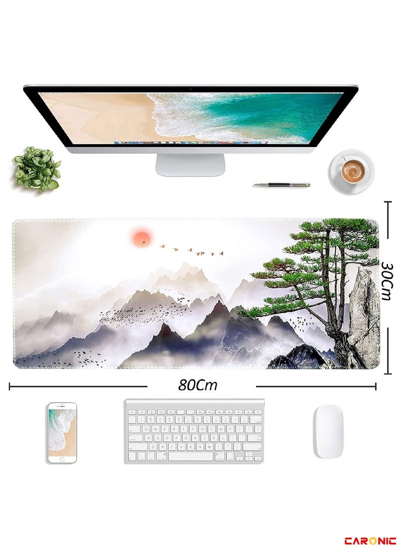 Large Gaming Mouse Pad with Superior Micro Weave Cloth Extended Desk Mousepad with Stitched Edges Non-Slip Base Water Resist Keyboard Pad For Gamer And Office Home Tree Mountains