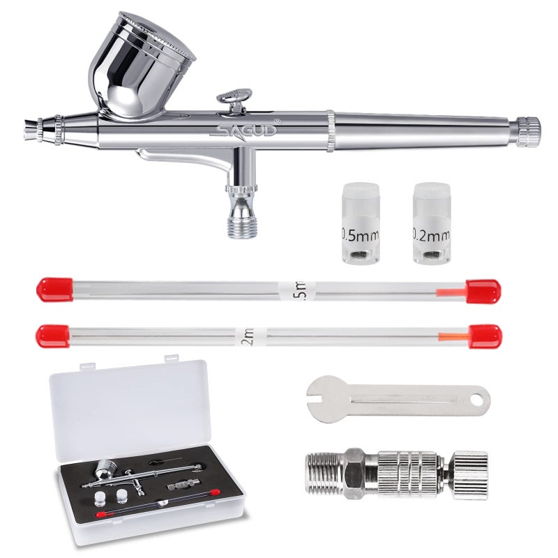 SAGUD Airbrush Kit 03mm DualAction Air Brush Gun with Extra 02mm  05mm Nozzles Needle Air Caps and Quick Release Disconnect Coupler