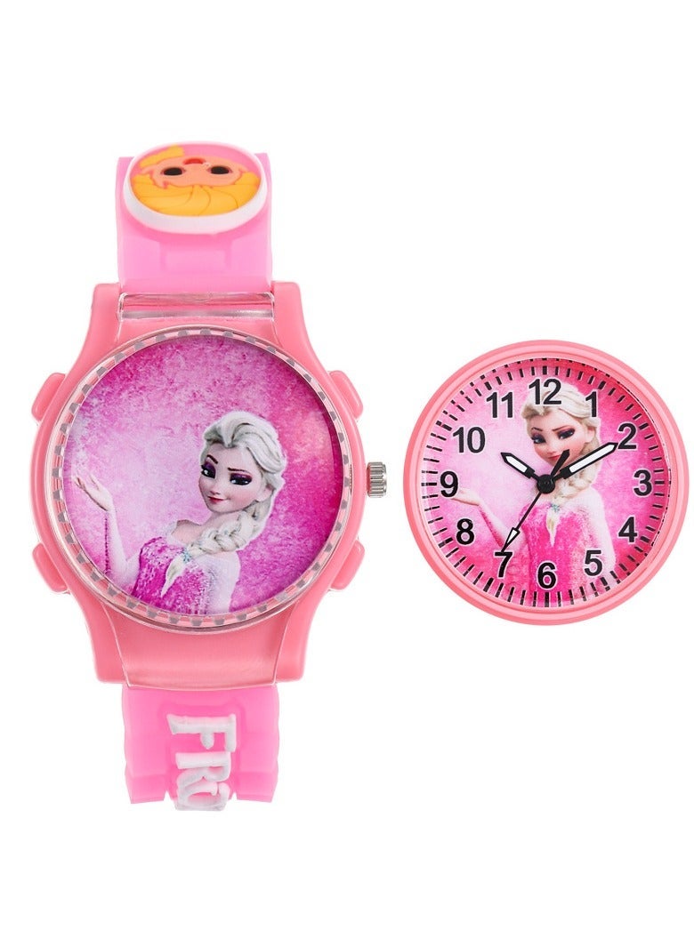 Frozen Elsa Pink Frozen Elsa Princess Cartoon Flip Cover Children's Watch (The Cover Can Turn) - Image 1