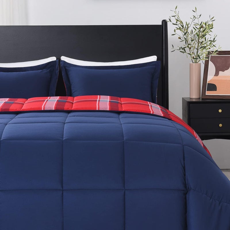 downluxe Twin Comforter Set (66"x92") 2-Piece,Plaid Red Reversible Comforter,1 Reversible Pillow Sham 20"x26",Microfiber Comforter,Soft and Comfortable - Image 3