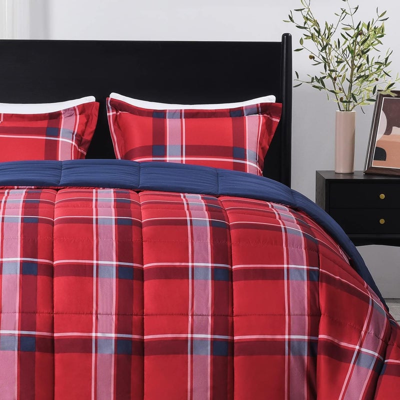 downluxe Twin Comforter Set (66"x92") 2-Piece,Plaid Red Reversible Comforter,1 Reversible Pillow Sham 20"x26",Microfiber Comforter,Soft and Comfortable - Image 2